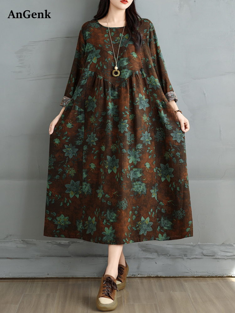 Robes en coton à imprimé floral vintage pour femmes, robe décontractée ample à manches longues, vêtements élégants pour femme, Vestidos, printemps automne 2026