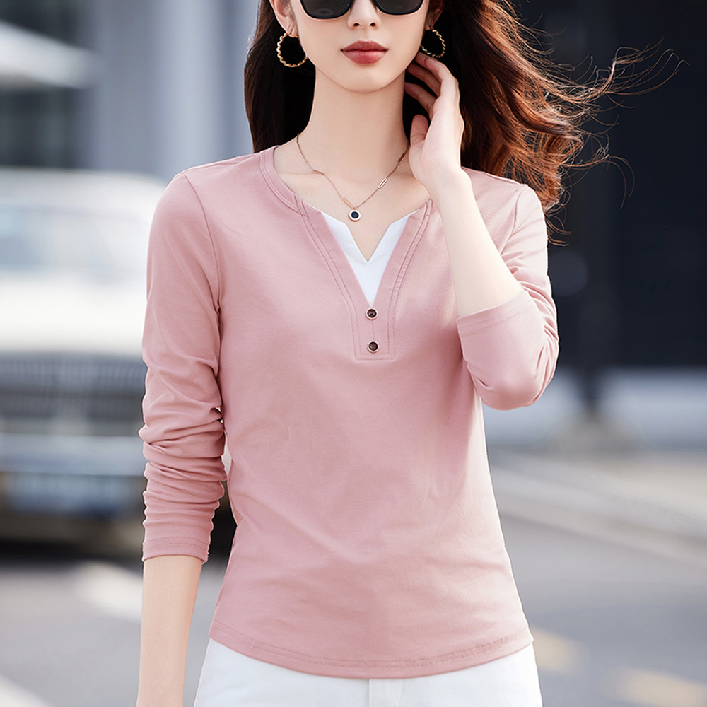 T-shirt rose à manches longues de style coréen pour femmes, nouvelle mode d'automne en coton, grande taille, boutons, coupe cintrée, faux haut deux pièces à col en v