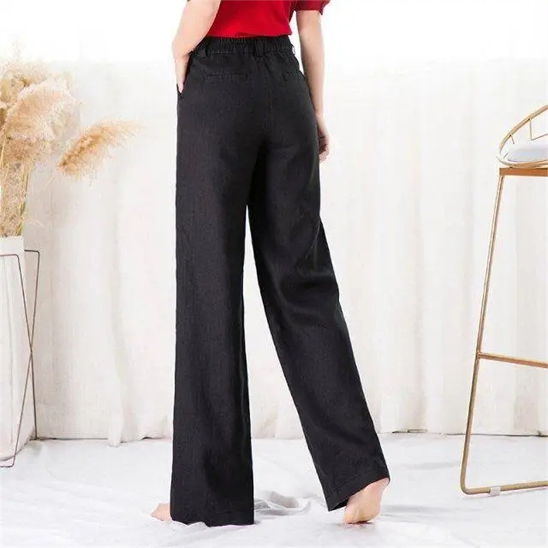 Pantalon en lin taille haute élastique pour femme, pantalon long, jambe droite, monochrome, coton, jambe large, document, vêtements d'été