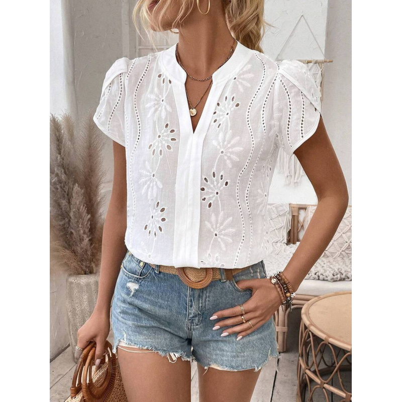 Chemisier élégant de style français à broderie florale anglaise pour femme, col en V, manches bouffantes, hauts décontractés d'été pour femme