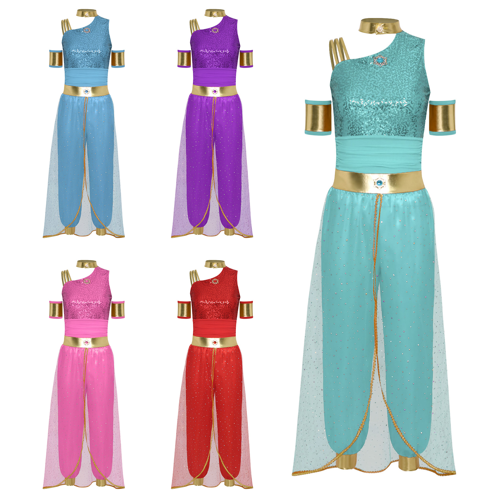 Costume de princesse arabe pour femmes, costume de cosplay d'Halloween, décor de pierres précieuses, superposition de tulle brillant, combinaison, tenue de carnaval, vêtements de danse du ventre