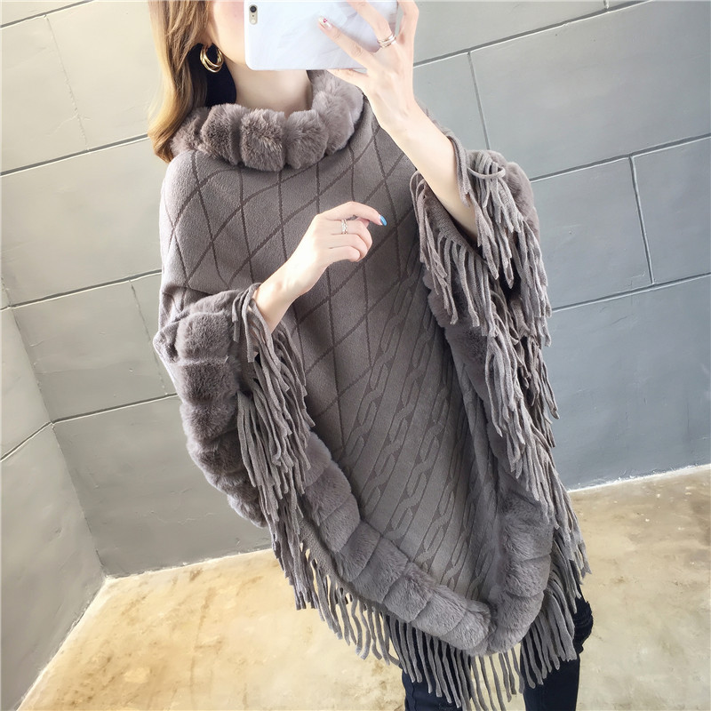 Manteau en fausse fourrure de lapin pour femme, pull à col en laine, châle chaud, Poncho, Capes grises, automne et hiver