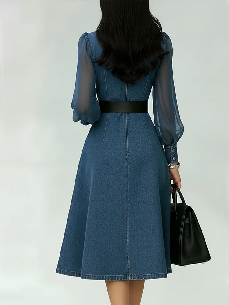 Robe longue en jean streetwear pour femme, coupe trapèze, avec manches longues bouffantes en tulle, col en V transparent, style vintage, avec ceinture