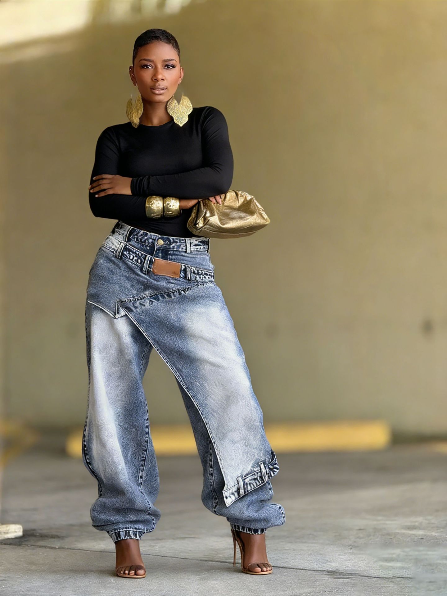 Jeans Femme Vintage Coupe Large Denim Délavé Streetwear Patchwork Patches Pantalon Droit Effet Usé Longueur Ras du Sol 2026