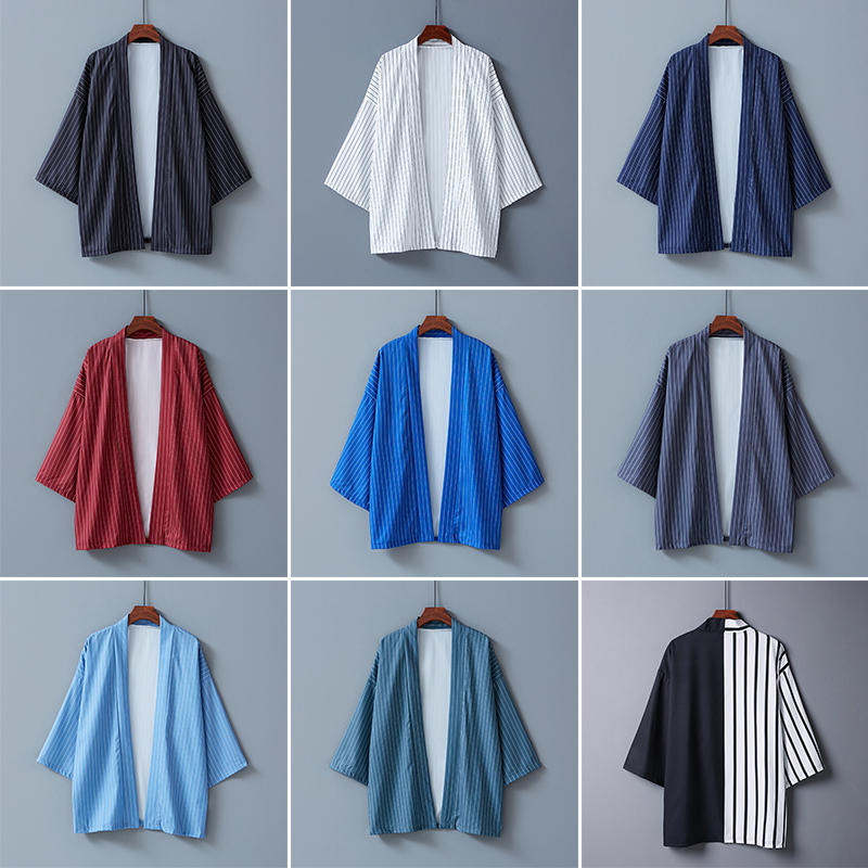 Hommes japonais Kimono Yukata Robe été couleur unie rayé vêtements d'extérieur décontractés cape Haori Spa Sauna bain plage chemise Cardigan unisexe