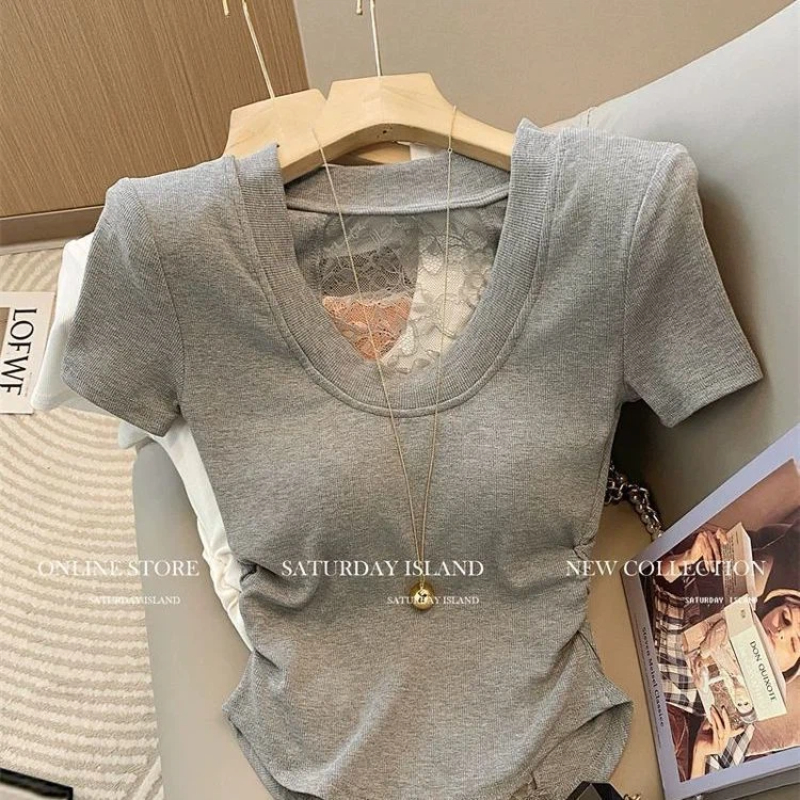 Nouveauté Été : T-shirts et hauts sexy pour femmes, à manches courtes, unis, avec patchwork en dentelle et découpes, coupe ajustée, style coréen tendance
