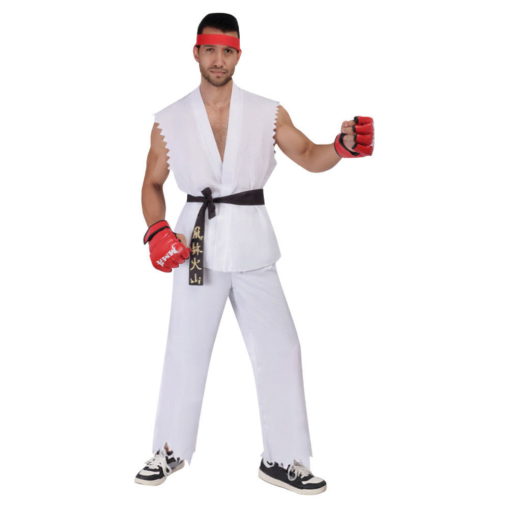 Costume de cosplay Street Fighter Ryu et Ken, uniforme d'arts martiaux blanc et rouge avec ceinture, tenue de karaté pour hommes adultes