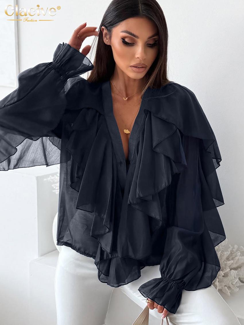 Clacive mode ample blanc femmes chemise 2025 Sexy col en v à manches longues chemises élégant classique volants solide hauts vêtements féminins