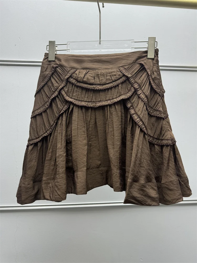 Chemise à manches courtes pour femmes françaises, bordure effilochée, boutons plissés, pull-over, haut ou mini-jupe taille haute en forme de A pour femme