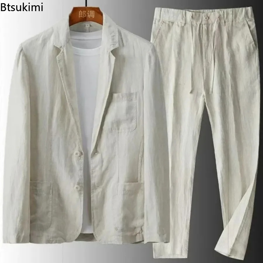 Ensemble décontracté homme printemps-été en coton et lin, deux pièces : veste blazer + pantalon, tenue décontractée et professionnelle, vêtement léger et respirant