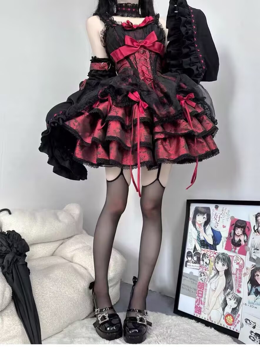 Robe gothique Lolita pour femmes, Harajuku, nœud en dentelle, à volants, Mini robes de soirée, Punk Kawaii, noir et rouge, robe d'été Y2k