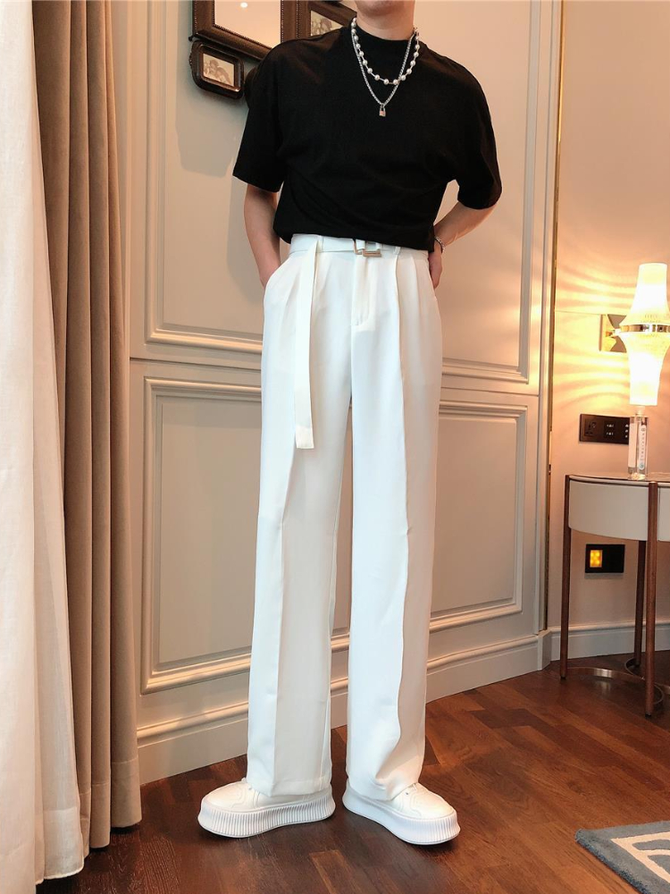 Pantalon blanc pour hommes Baggy avec ceinture jambe large élégant printemps vêtements homme costumes pantalons vêtements Promotion tissu chaud été 2025