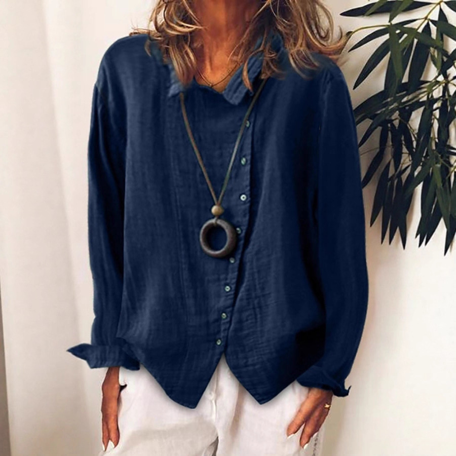 Chemisier femme 2026 décontracté d'été respirant ample couleur unie élégant en coton et lin à manches longues – Vêtements féminins