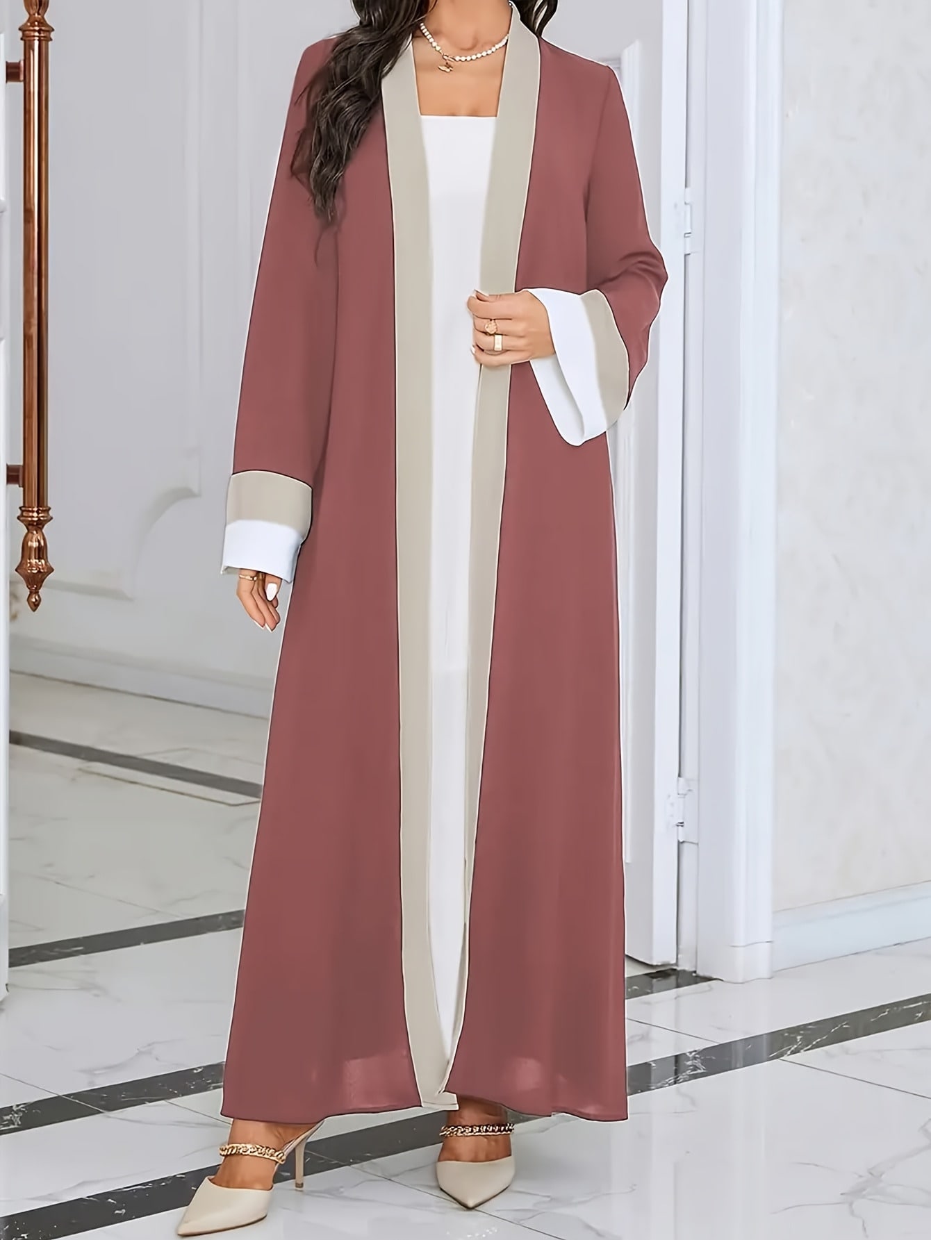 Robe longue décontractée pour femme Ramadan 2026, élégante robe extra longue ajustée à manches longues et à contraste de couleurs, Vêtements pour femme 1
