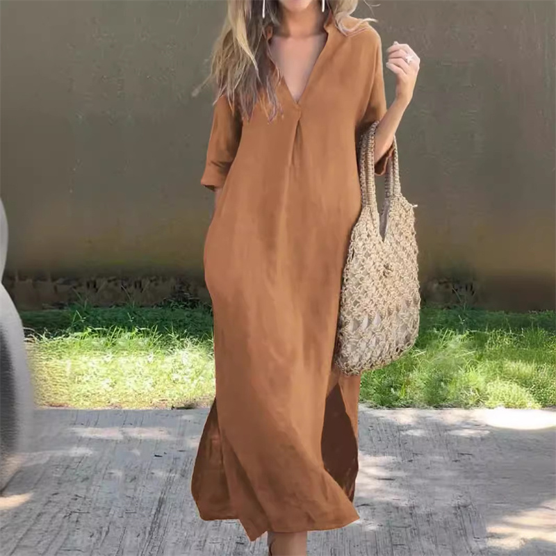Femmes été coton lin couleur unie robes col en V profond pull robe ample femme sept-quarts manches ourlet fendu robe décontractée