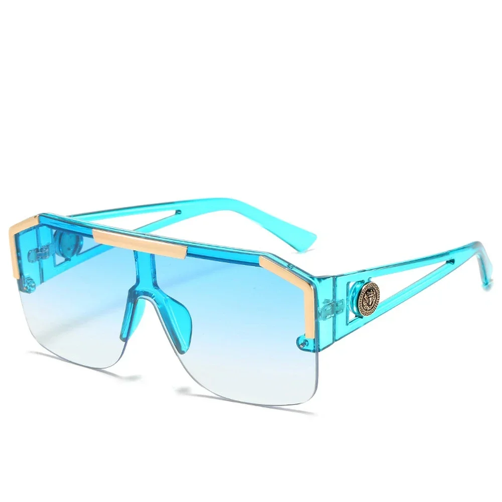 Lunettes de soleil carrées surdimensionnées pour hommes et femmes, marque de luxe, Vintage, grand cadre en métal, semi-sans monture, une lentille, UV400, 2025