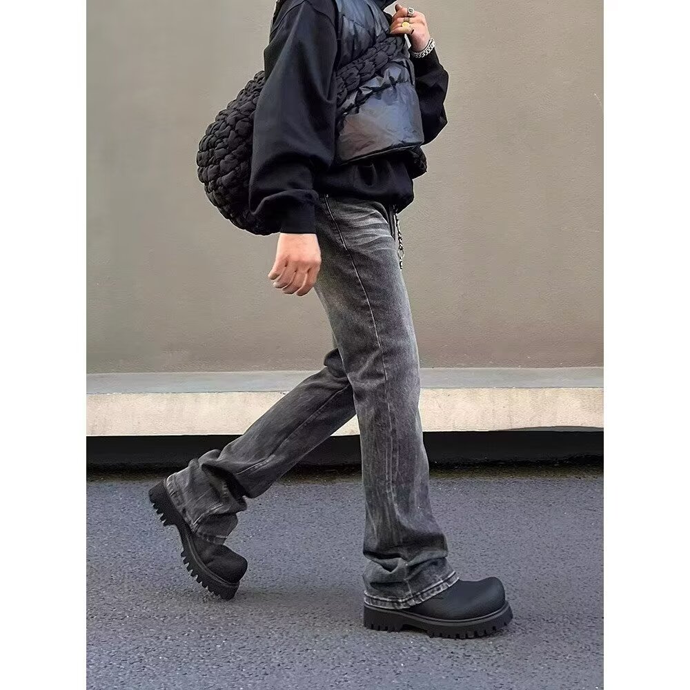 Jean noir délavé de rue américaine pour hommes, pantalon micro évasé élastique, coupe droite, élégant et coupe droite