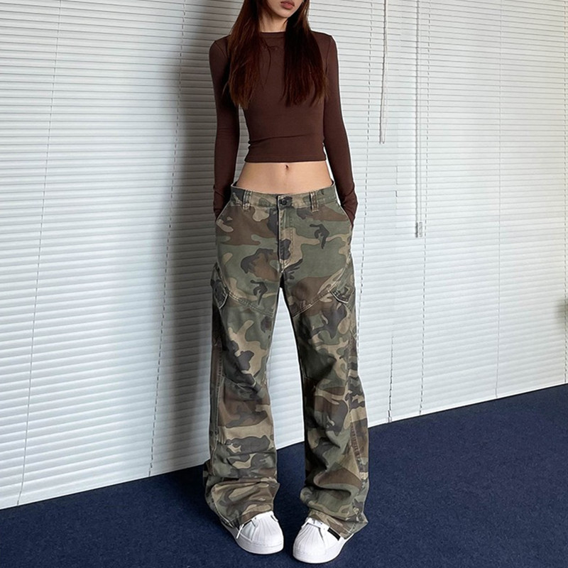 Pantalon Cargo Camouflage Rétro Unisexe, Coupe Ample Droite à Jambes Larges avec Poches Obliques, Style Urbain Décontracté, Idéal pour le Quotidien