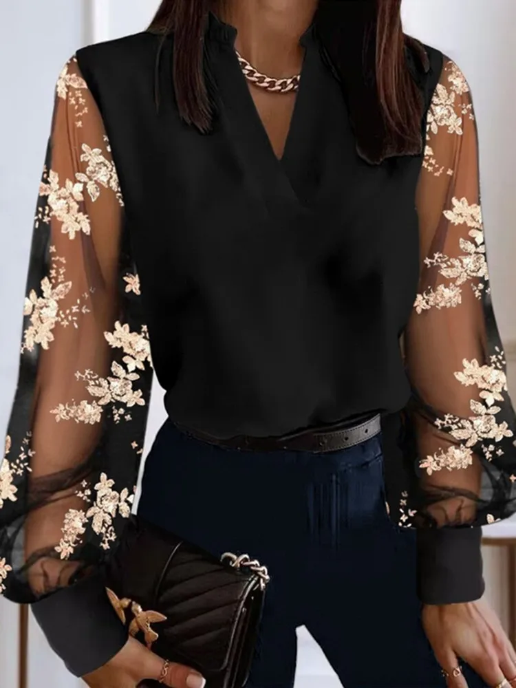 Décontracté automne hiver Blouse 2024 mode Sexy col en v dentelle à manches longues chemise pour haut pour femme Blouse élégante femme bureau banlieue