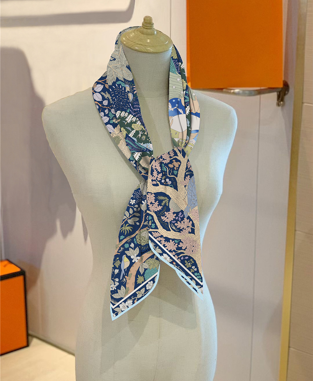 Écharpe en soie pour femme, 90 cm, imprimé floral, carrée, foulard, châle de plage, bandana, hijab, mouchoir - Écharpe pour femme