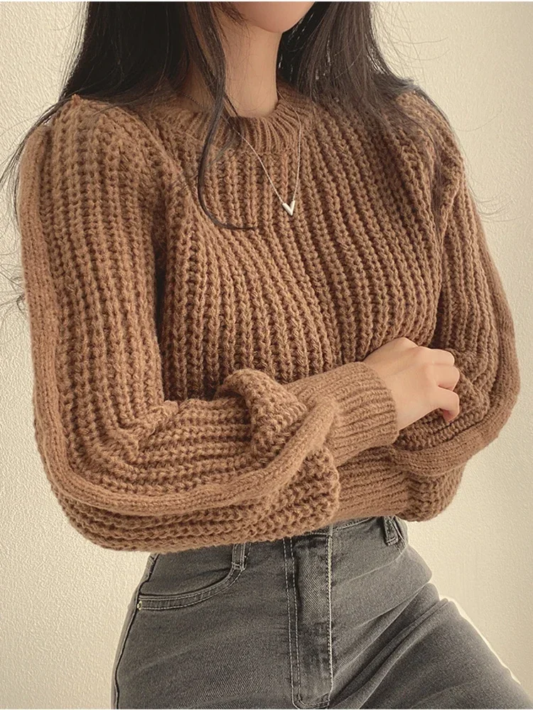 Hiver tricots pull femmes en vrac Vintage Harajuku lanterne à manches longues pull coréen automne femme doux dessus chaud Chic solide