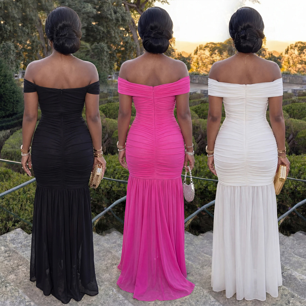 Robes pour Femme 2026 – Élégante Robe Longue de Soirée Sexy à Épaules Dénudées, Froncée à la Taille, en Maille, Coupe Ajustée, Style Sirène