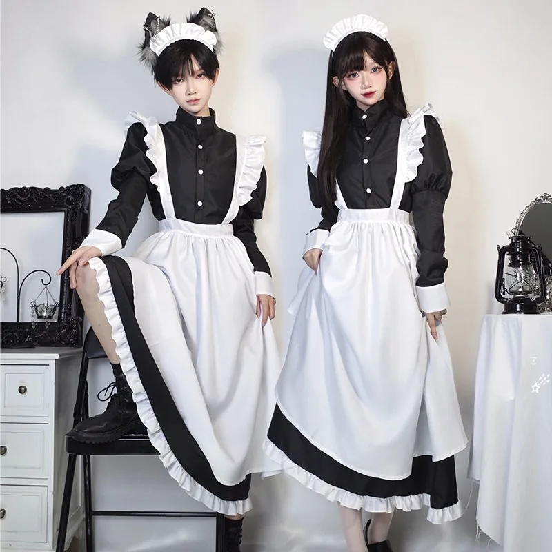 Tenue de demoiselle d'honneur de style japonais, robe longue noire et blanche, Lolita, unisexe, hommes, femmes, costume d'Halloween, uniforme, ensemble complet, adultes, grande taille