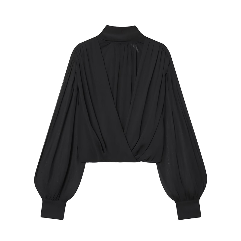 Chemisier noir à col papillon pour femmes, haut court en mousseline de soie à manches bouffantes transparentes pour fête et bureau
