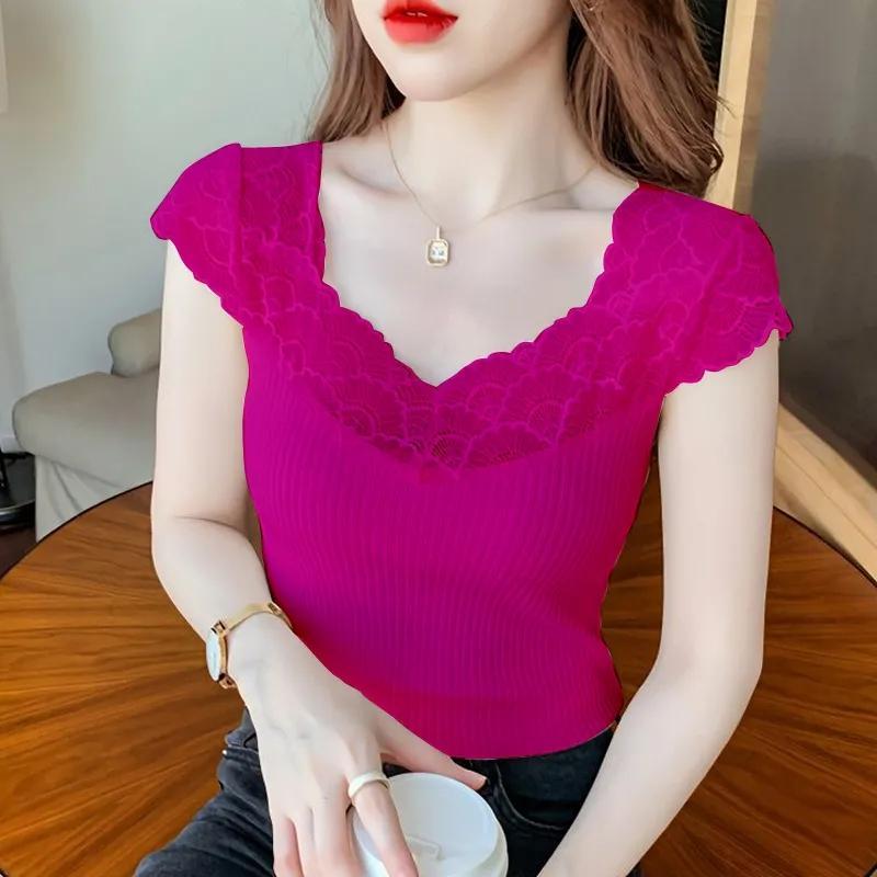 T-shirt à manches courtes en maille épissée pour femme, haut slim et chic, nouveau style, design de tempérament, été 2025