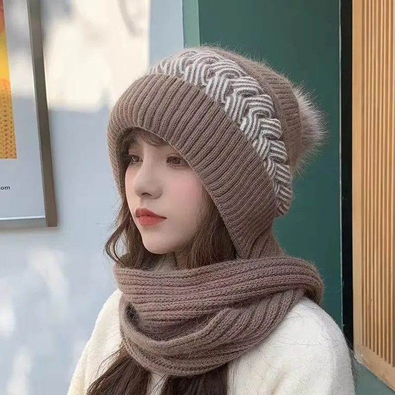 Bonnet et écharpe tout-en-un pour femme, bonnet rembourré pour le cou, protection des oreilles, cheveux de lapin chauds, mignon, résistant au froid, cyclisme, hiver