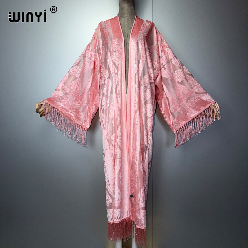 WINYI Kaftan Kimono Maxi Robe Abaya Ouverte Streetwear Perspective Élégante Cache-maillot de Plage Mode Musulmane Manteau