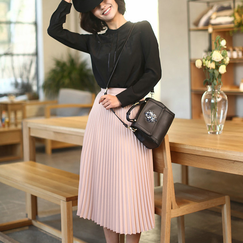 Jupe plissée en mousseline de soie pour femme, taille haute, couleur unie, longueur mi-mollet, vêtements assortis, jupes épaisses extensibles décontractées pour dames, mode