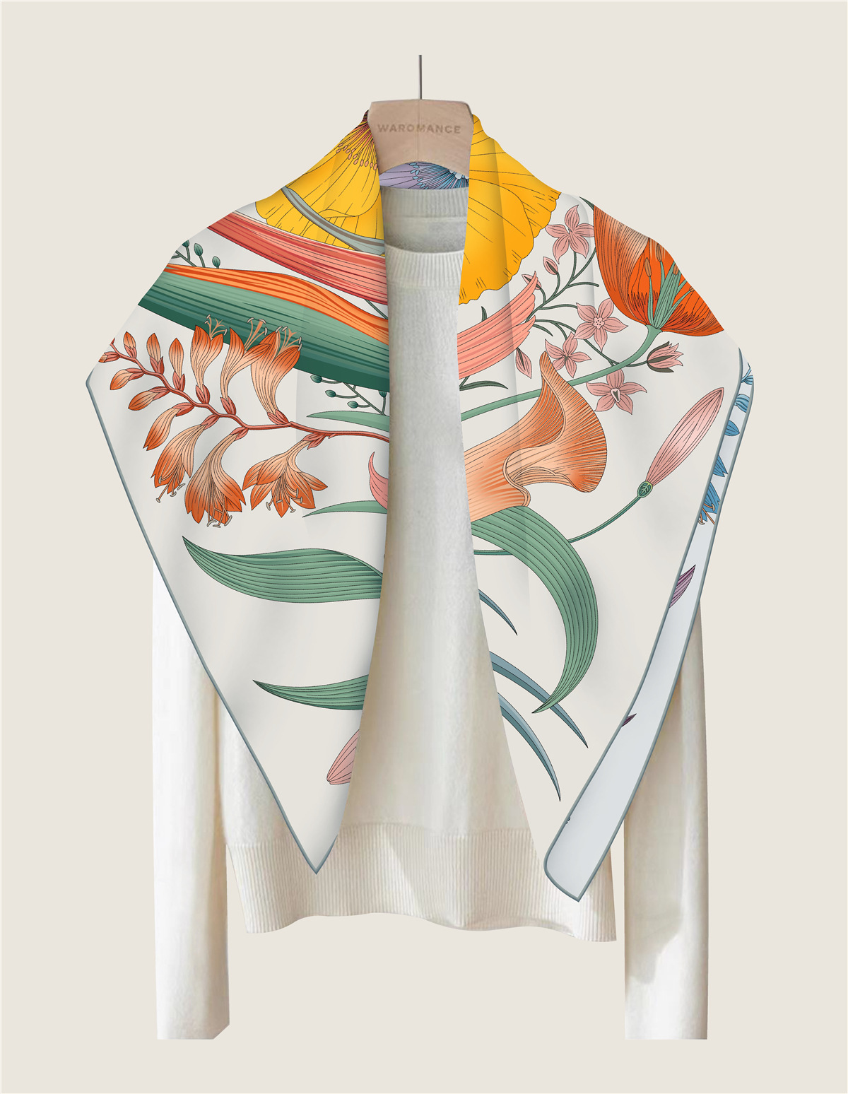 90CM roulé à la main sergé foulard en soie femmes plante fleurs Double imprimé foulards carrés enveloppes Echarpes Foulards Femme Hijab