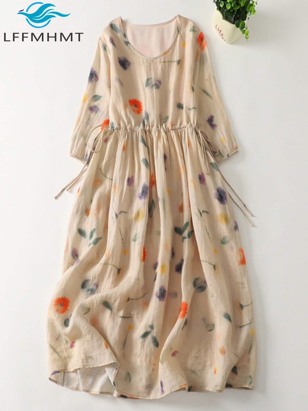 Robe en lin pour femmes, Style frais, imprimé floral, taille élastique, demi-manches, col en v, plage, vacances, ligne a, frocs Vintage