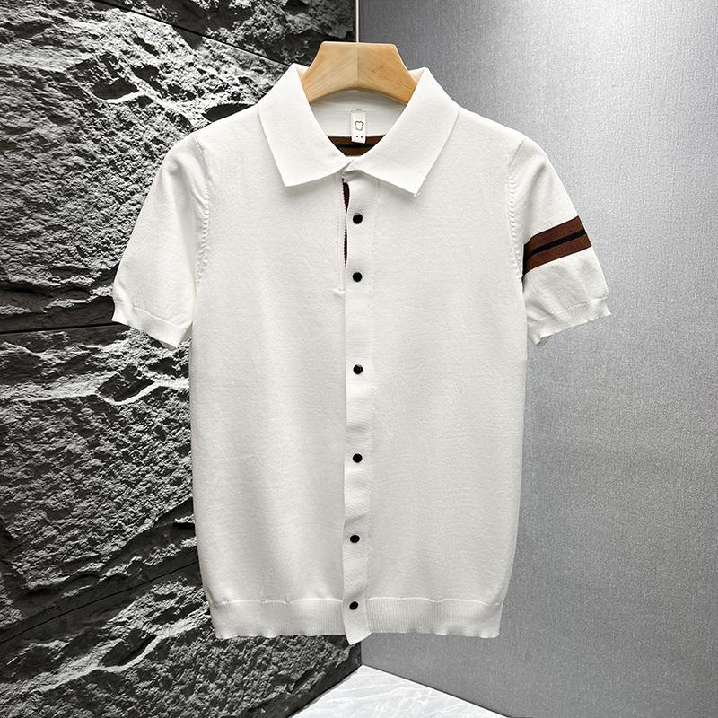 T-shirt d'été décontracté et polyvalent à col polo en maille, manches courtes, style mature, léger, en soie fraîche, pour étudiants