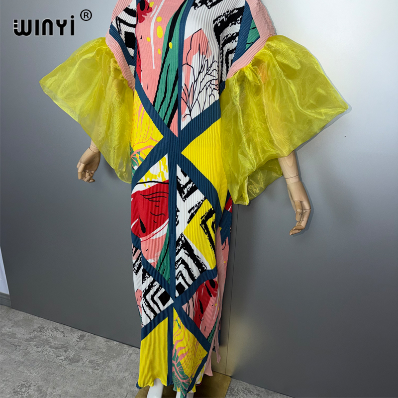 WINYI robe plissée à manches bulles bohème vêtements de plage caftan abaya dubaï robe de soirée de luxe longue robe de soirée femme musulmane