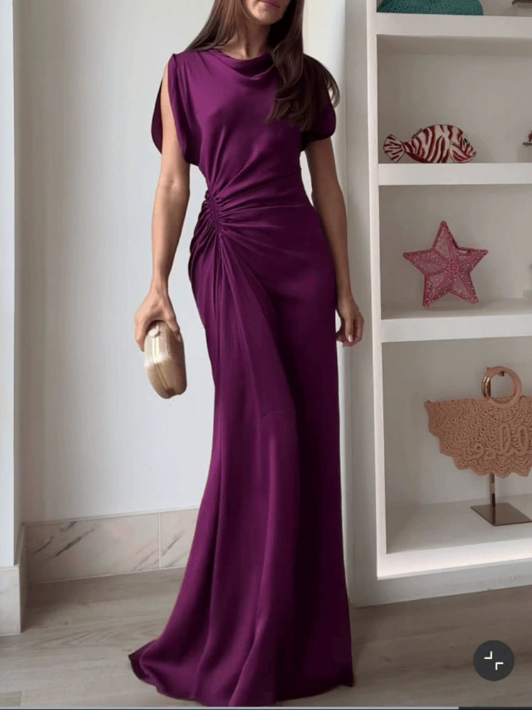 Robe de soirée drapée décontractée, col rond, élégante, taille haute, coupe cintrée, mode tempérament, couleur unie, longue