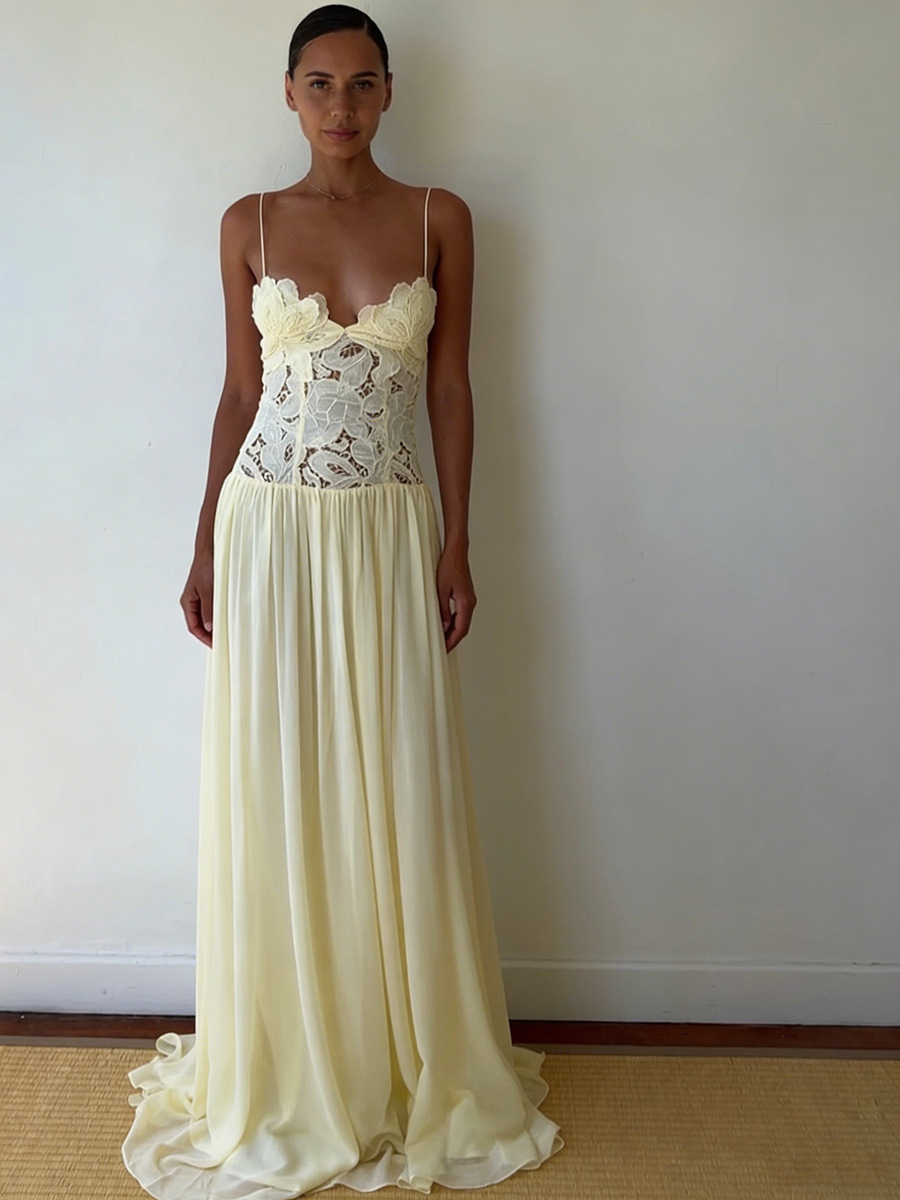 Robe longue élégante pour femme, style vintage, en dentelle et mousseline, pour soirée, mariage, cocktail, bal, nouvelle collection, rose, jaune, bleu
