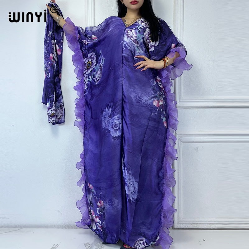 WINYI Robe de soirée d'été élégante et confortable à manches bouffantes, imprimé Abaya pour femmes, Kaftan féminin, Abaya Ramadan, Luxe Dubaï