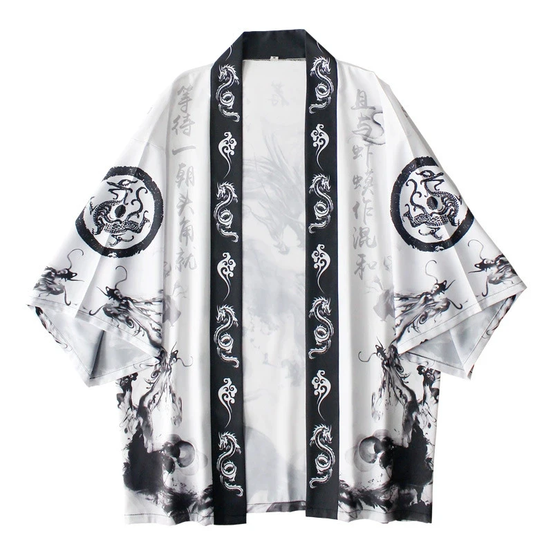Kimono japonais pour femmes, vêtements traditionnels japonais, imprimé Dragon à l'encre, Cardigan d'été de haute qualité, demi-manches, ample et confortable