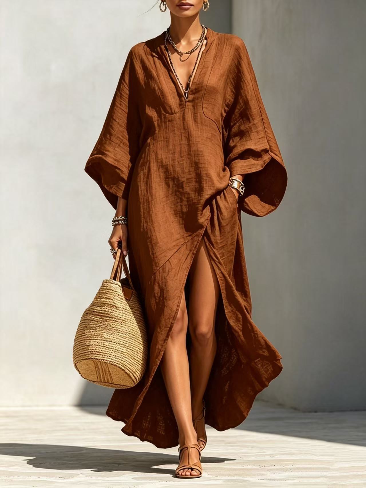 Robe longue bohème pour femme, col en V, beige, mélange de lin, caftan long, fente latérale haute, manches chauve-souris oversize, robe de plage pour les vacances