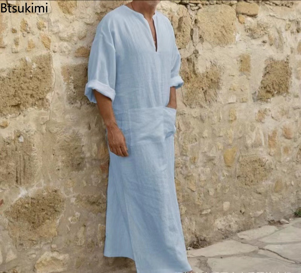 Nouvelle Robe Musulmane 2026 Couleur Unie Rétro Vêtement Islamique Arabe Homme Décontracté Coton Lin Longue Tunique Caftan Moyen-Orient Abayas