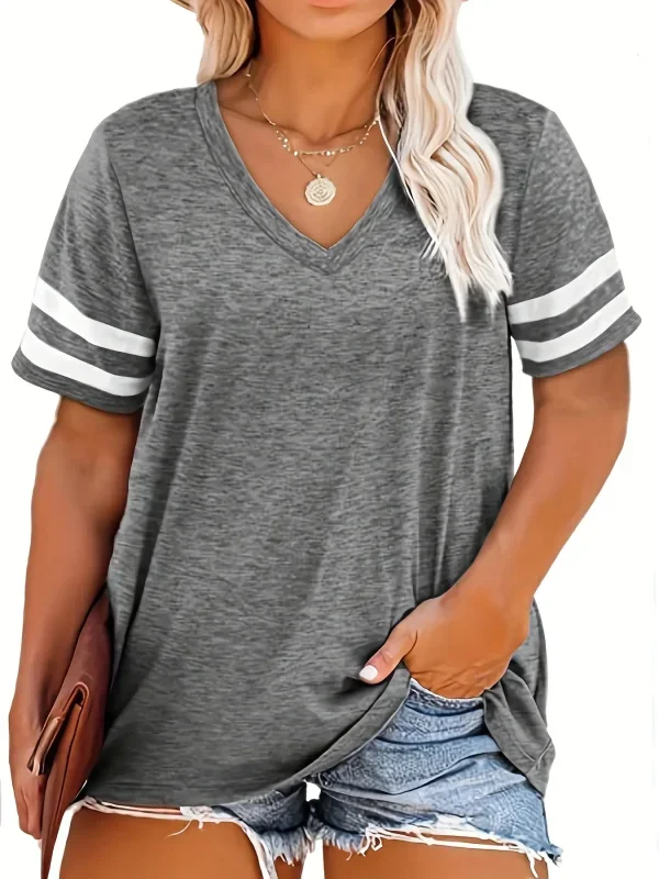 Femmes mode grande taille col en v été couleur bloquée T-shirt été haut ample à manches courtes T-shirt style décontracté 1XL-8XL
