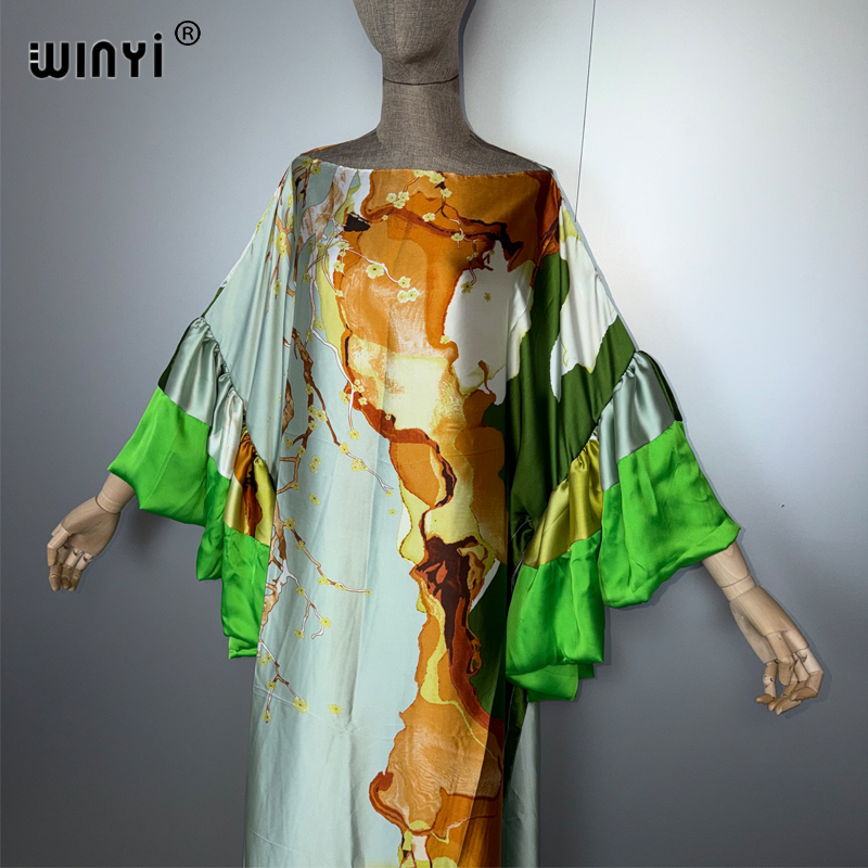 WINYI Robe de soirée bohème d'été à manches bouffantes, Abaya de luxe de Dubaï, Kaftan ample imprimé pour femme, Vêtement musulman, Robe de plage