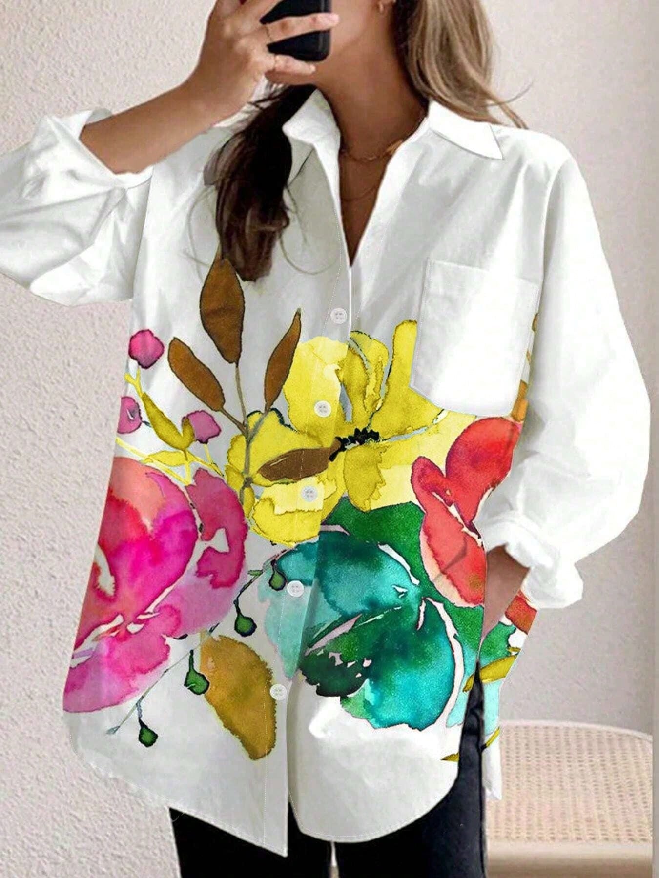 Grande taille femmes mode printemps automne imprimé fleuri poche à manches longues chemise décontractée revers simple boutonnage chemisier ample chemise