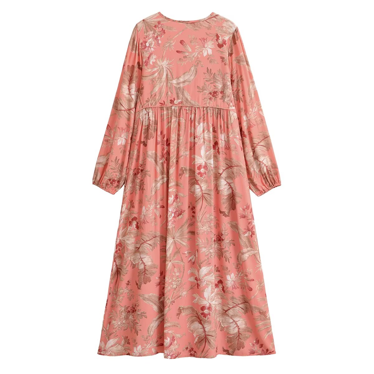 Robe midi droite BOHO pour femme, à motif floral et feuilles, avec col à nouer, en viscose et coton, manches longues, style ethnique, pour les vacances d'été