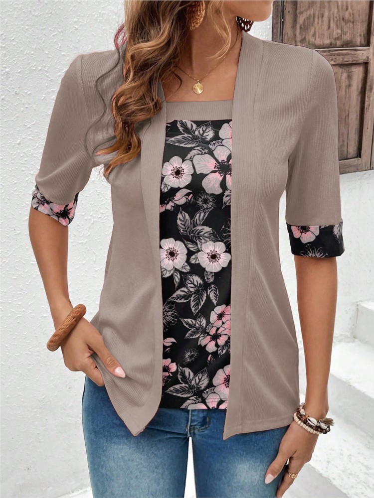 Ensemble de faux t-shirts deux pièces pour femmes, patchwork élégant, imprimé décontracté, demi-manches, dames, été, 2025