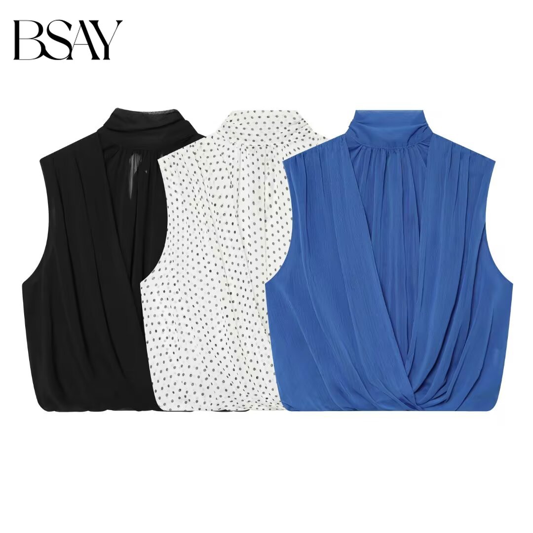 BSAY 2026 Nouvelle Blouse Sans Manches à Col Montant pour Femme, Débardeur Élégant à Col en V avec Torsion Frontale et Plis au Dos, Idéal pour l'Été et les Tenues Décontractées
