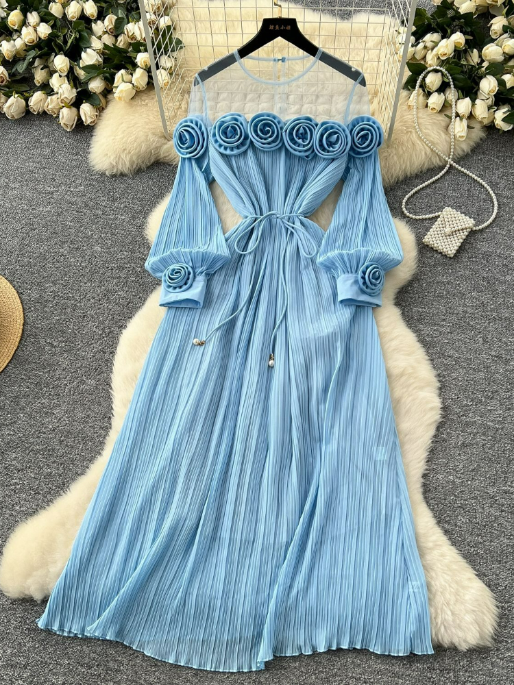 Robe plissée pour femmes, nouvelle mode d'été, industrie lourde, fleur tridimensionnelle, Perspective, couture en maille, taille, 2025