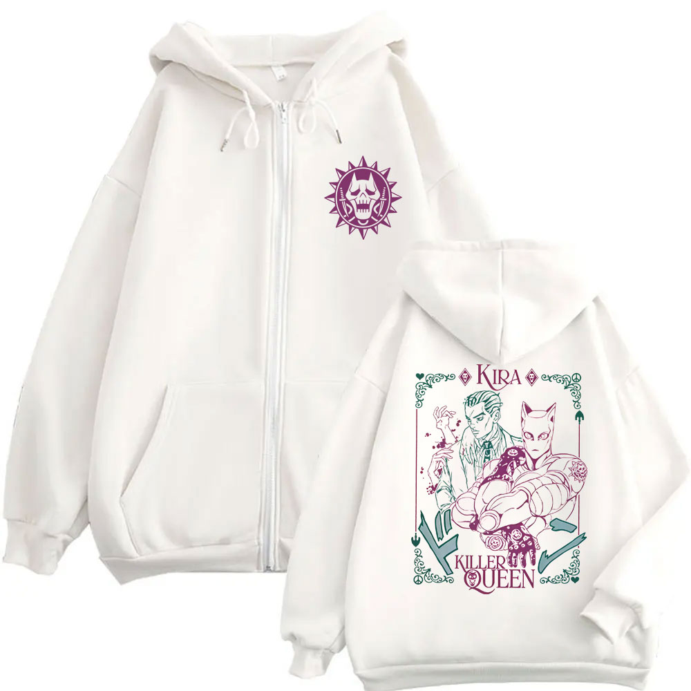 Anime Jojo's Bizarre Adventure Kira Killer Queen sweat à capuche avec fermeture éclair hommes femmes Manga décontracté Vintage veste zippée mâle manteau surdimensionné